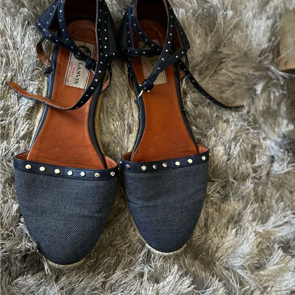 Lanvin flat espadrille denim wedge flats studded shoes strappy sandals jean
